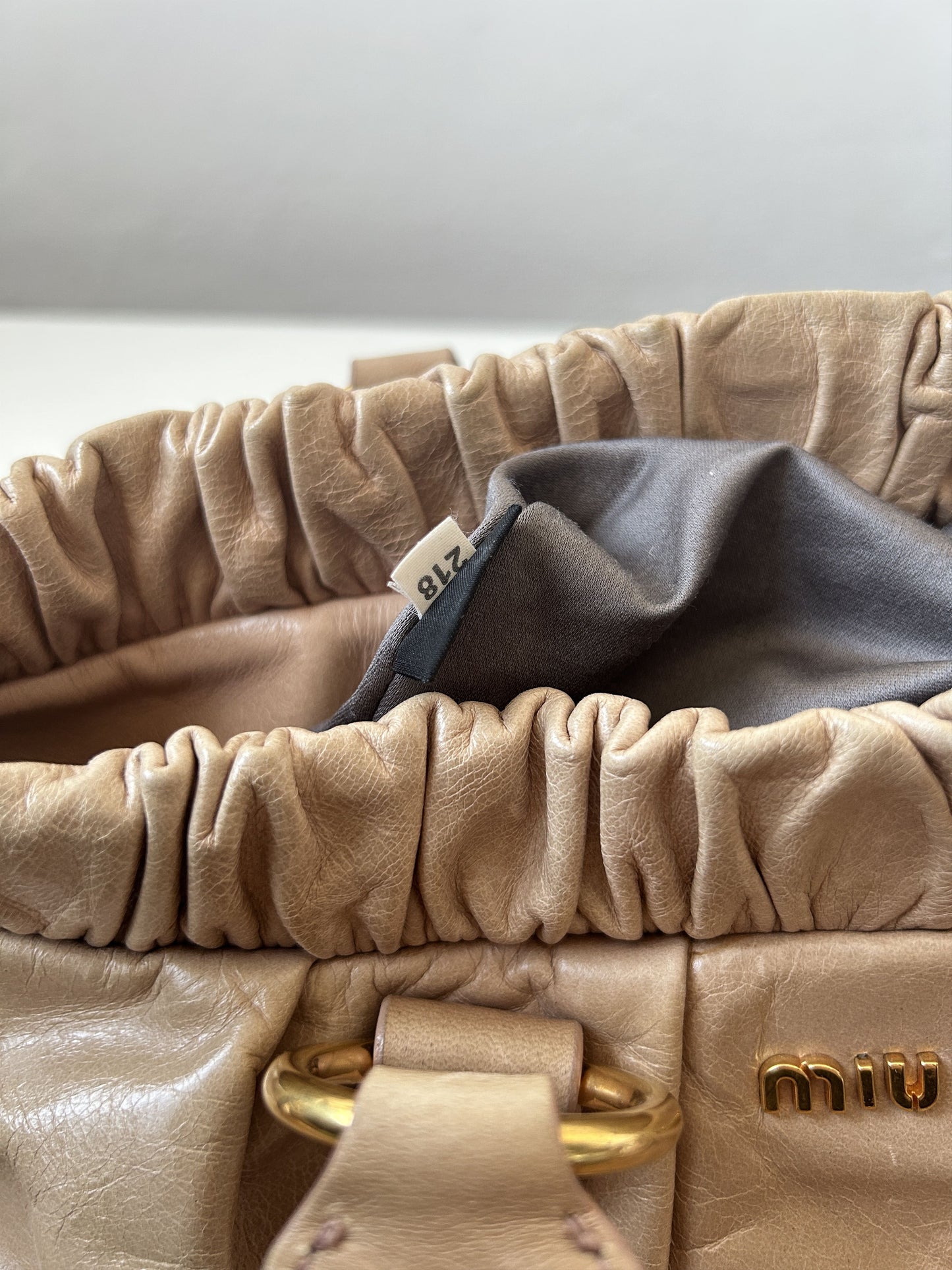 Miu miu vitello bauletto aperto gathered leather handbag