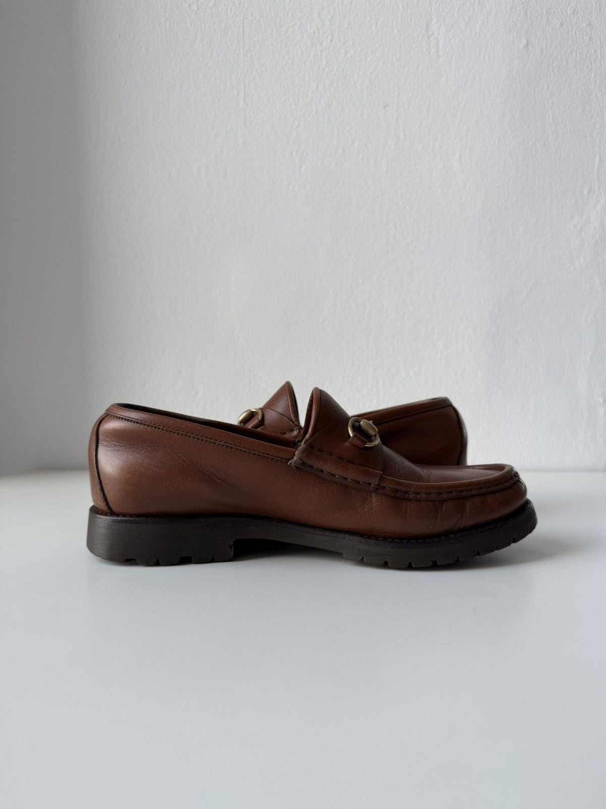 Gucci leather horsebit loafers on a thick notched sole
