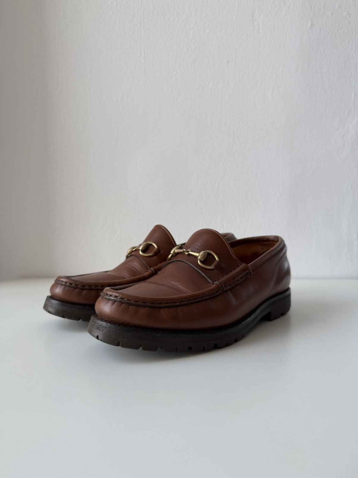 Gucci leather horsebit loafers on a thick notched sole