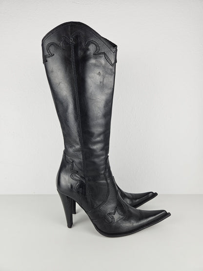 Vintage leather high heel pointed toe cowboy boots