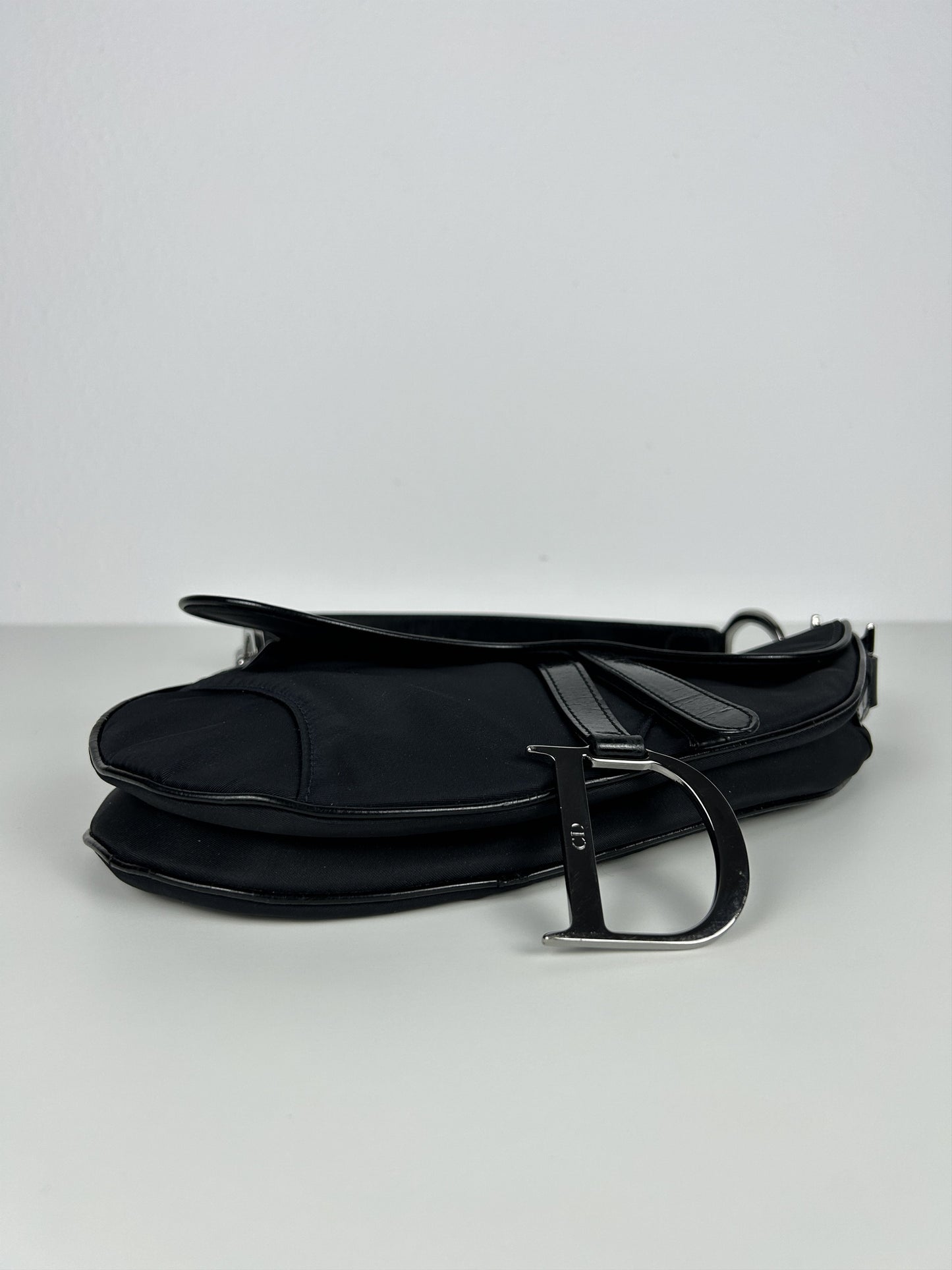 2001 Dior black satin and patent leather saddle bag