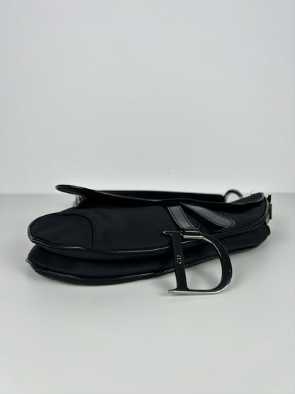 2001 Dior black satin and patent leather saddle bag