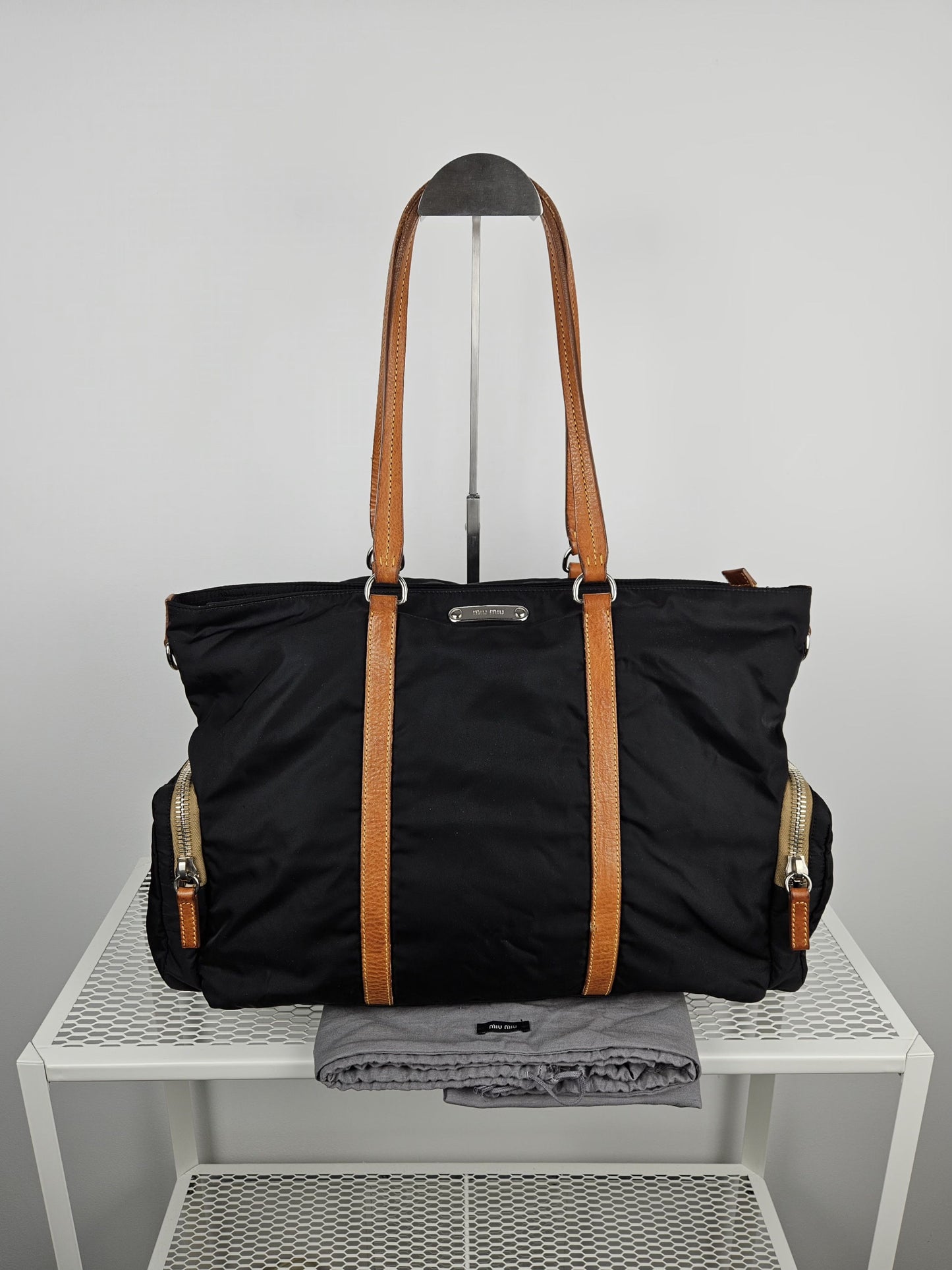 Archive miu miu nylon leather tote bag with cargo pockets