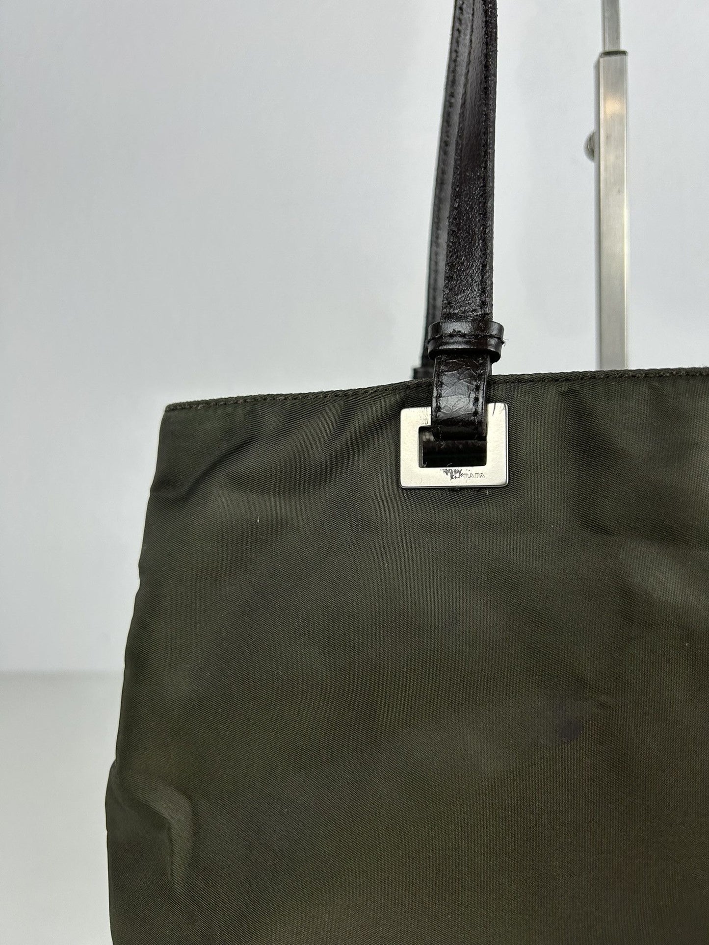 Vintage y2k prada nylon and leather triangle logo tote bag