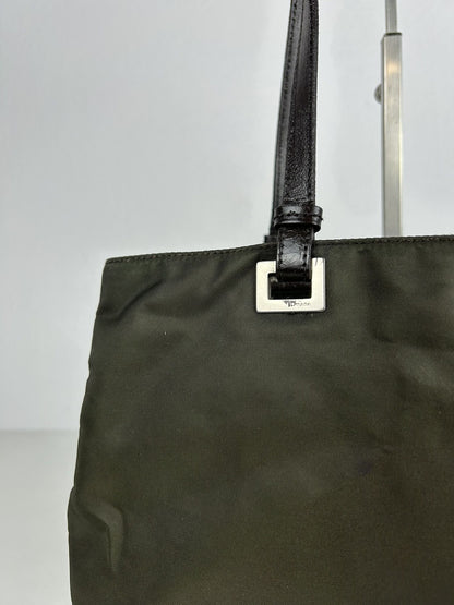 Vintage y2k prada nylon and leather triangle logo tote bag