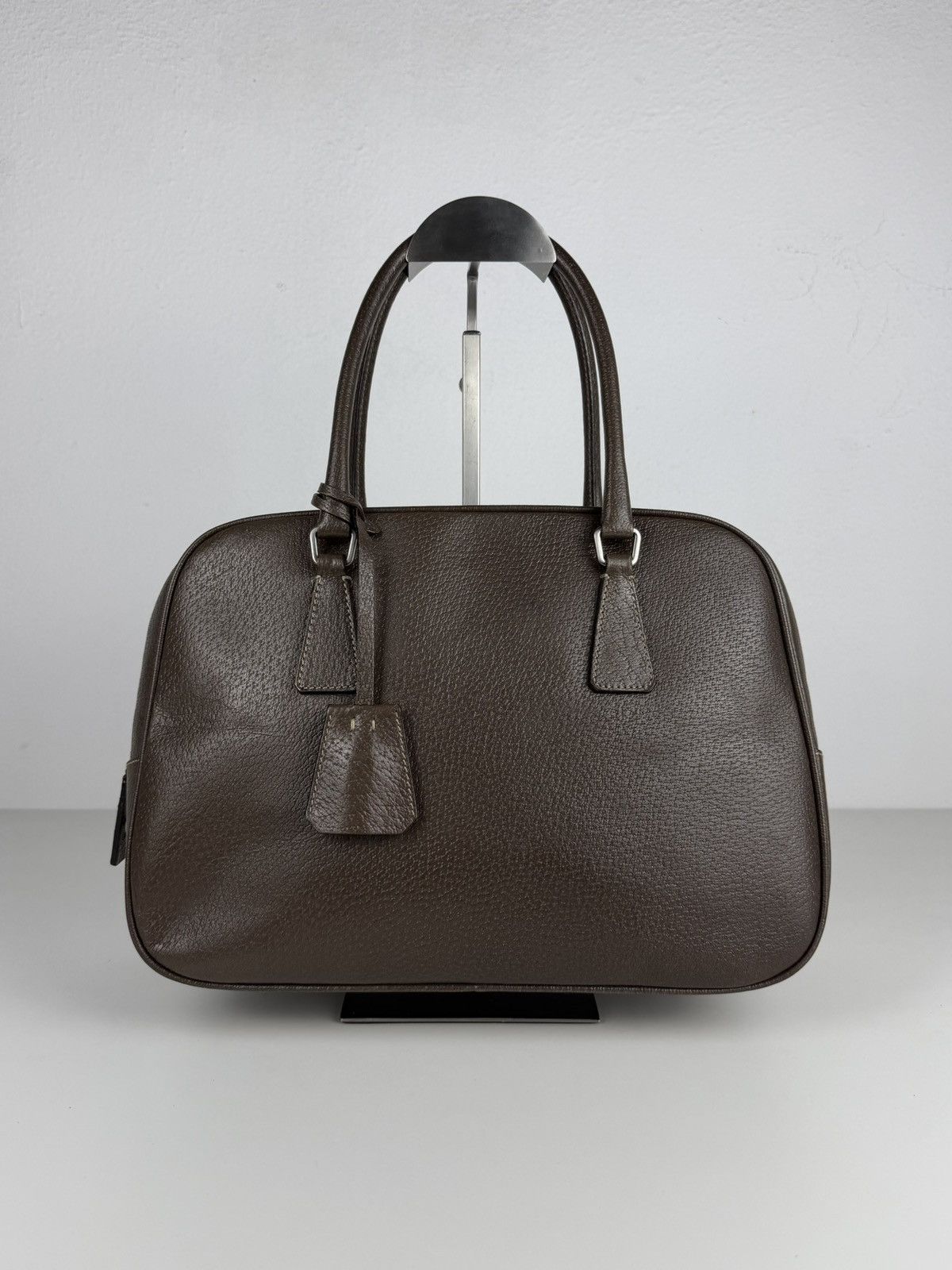 Prada saffiano leather triangle logo mini bowling bag
