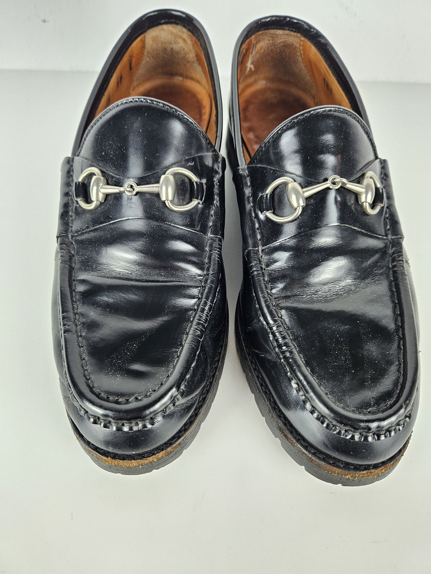 Vintage Gucci notched sole patent leather horsebit loafers