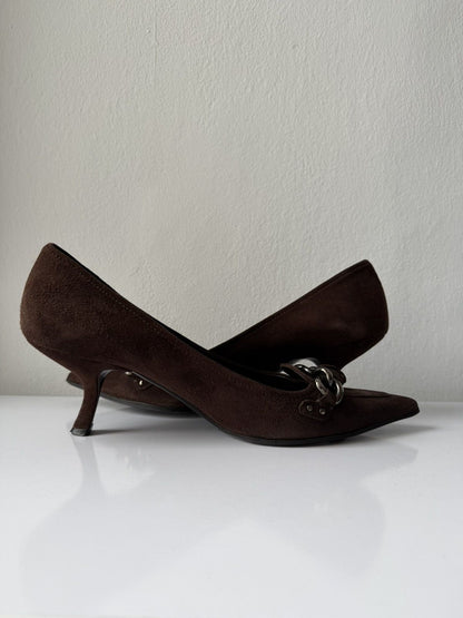 Vintage Prada suede pointed toe chain detail kitten heels