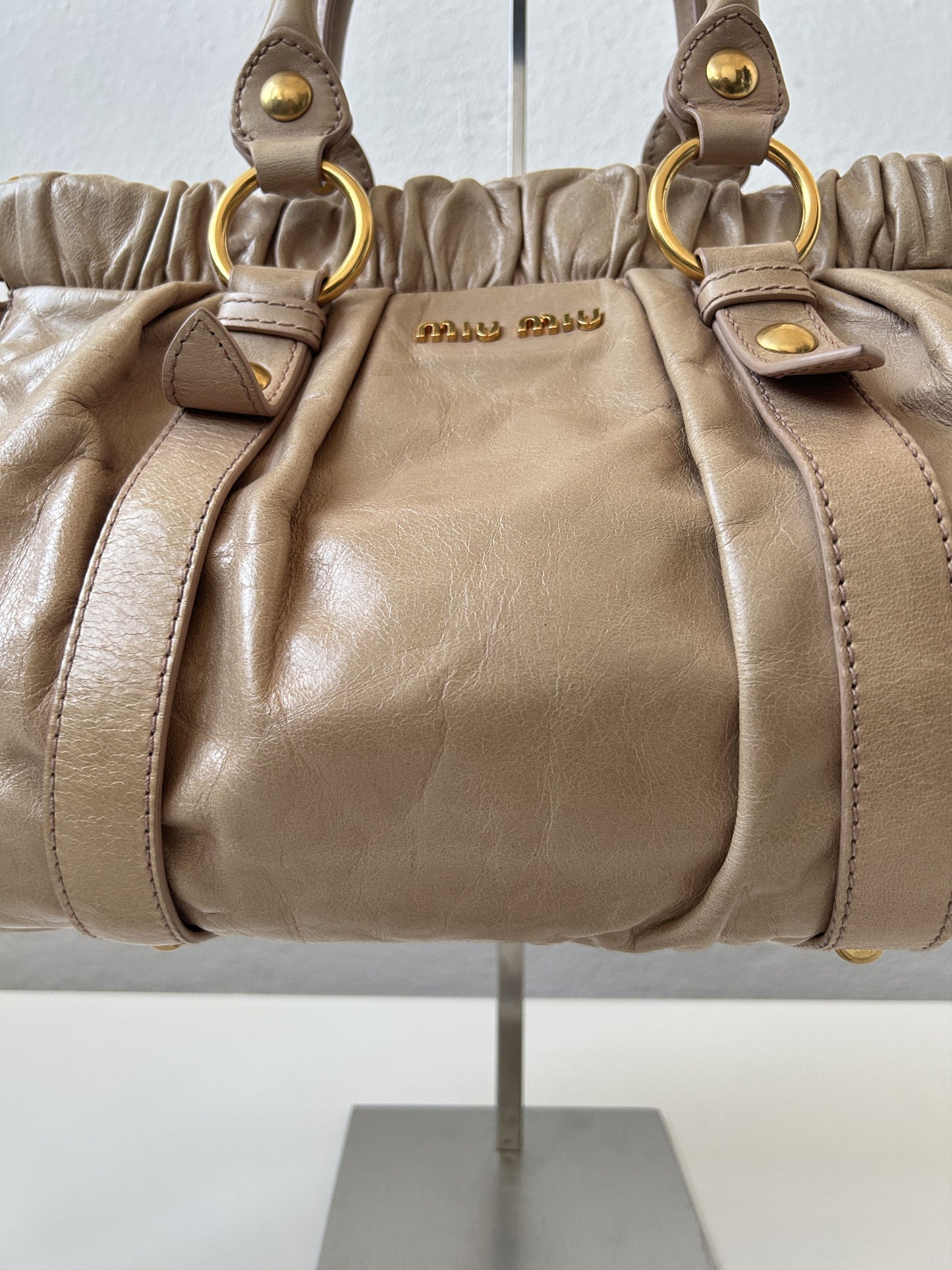 Miu miu vitello bauletto aperto gathered leather handbag