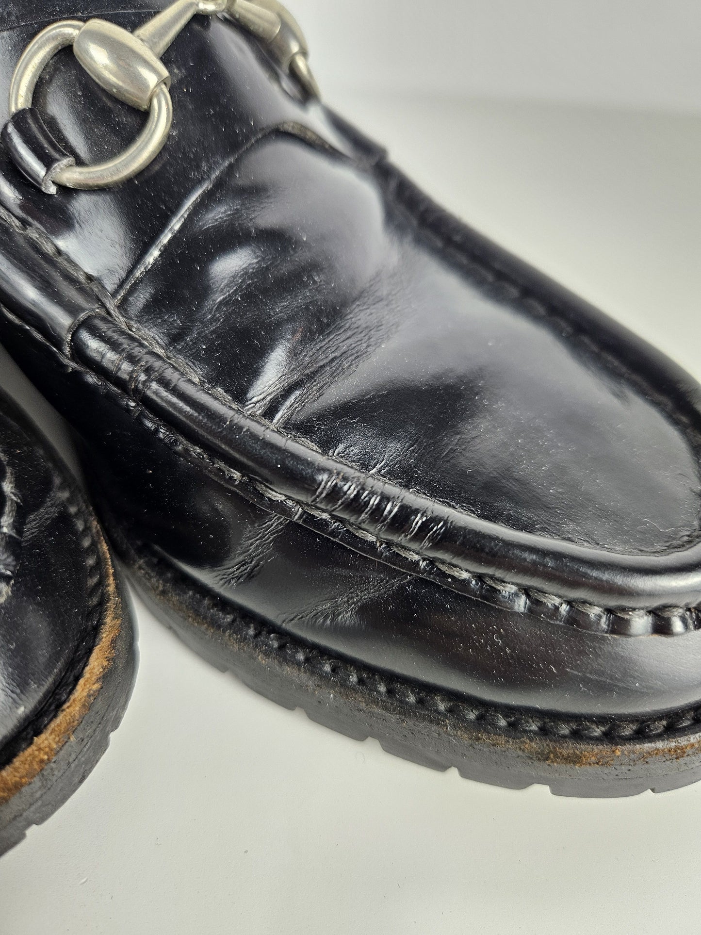 Vintage Gucci notched sole patent leather horsebit loafers
