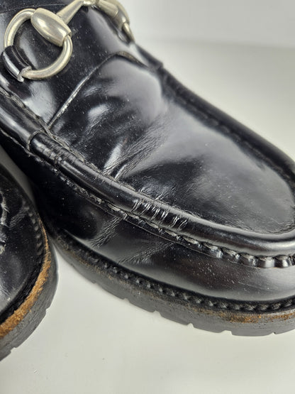Vintage Gucci notched sole patent leather horsebit loafers