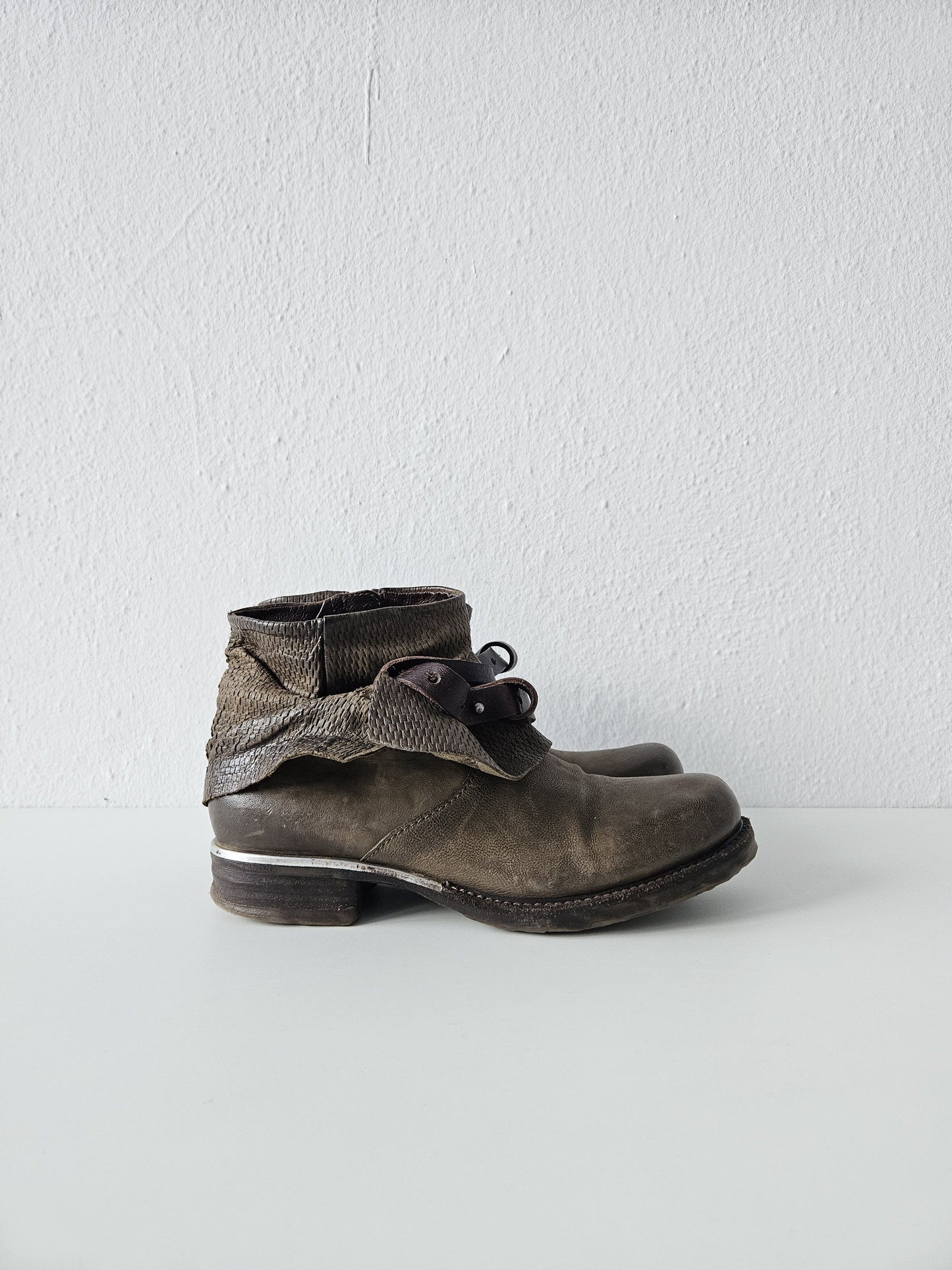 Archive AS98 olive leather bondage side zip ankle boots