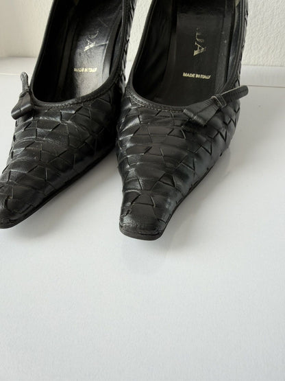 Prada woven leather long toe pumps with bow