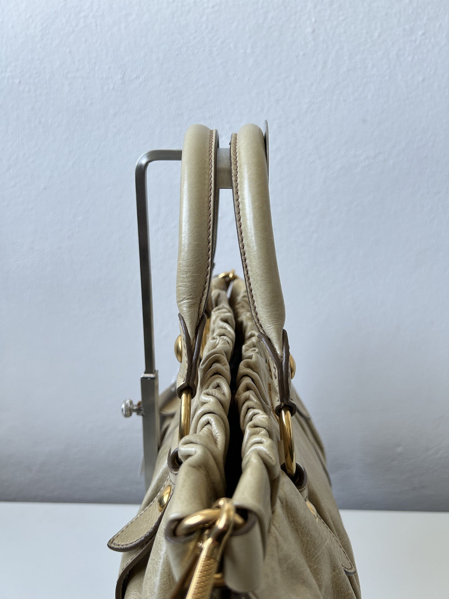 Miu miu vitello bauletto aperto gathered leather handbag