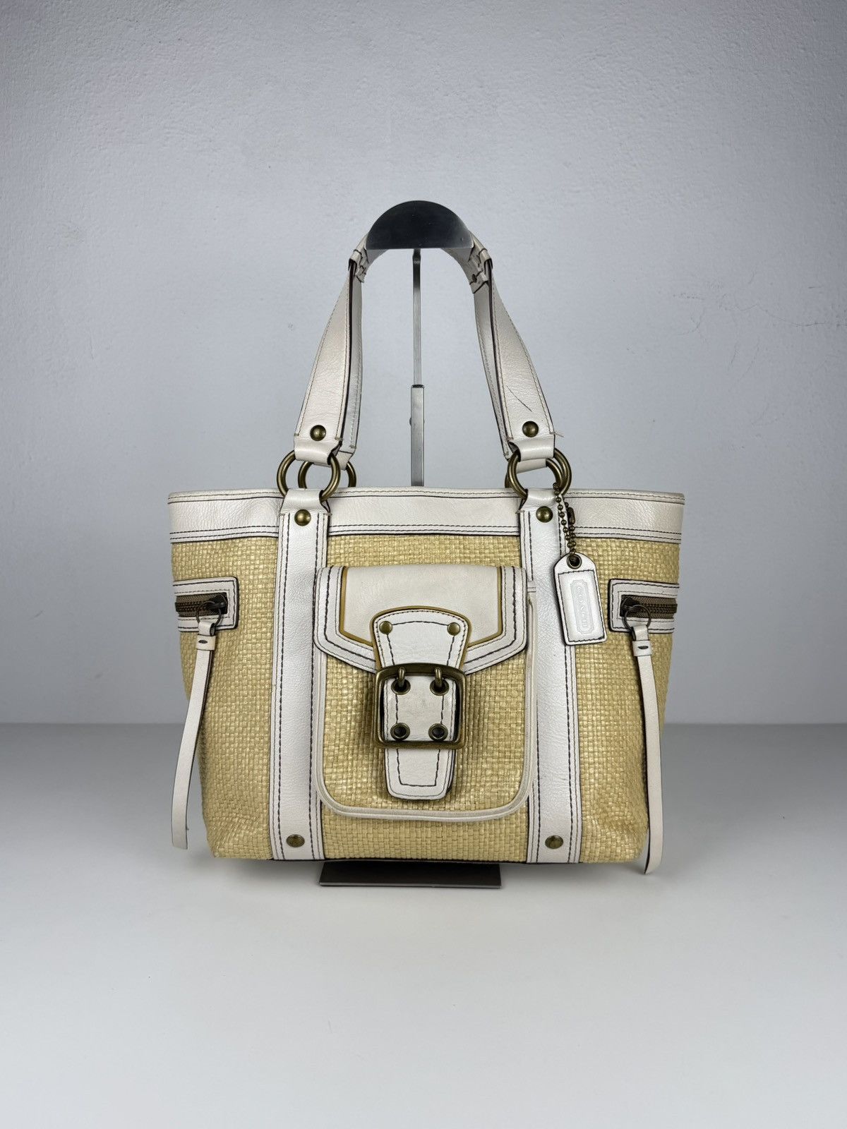 Coach legacy raffia and leather tote bag