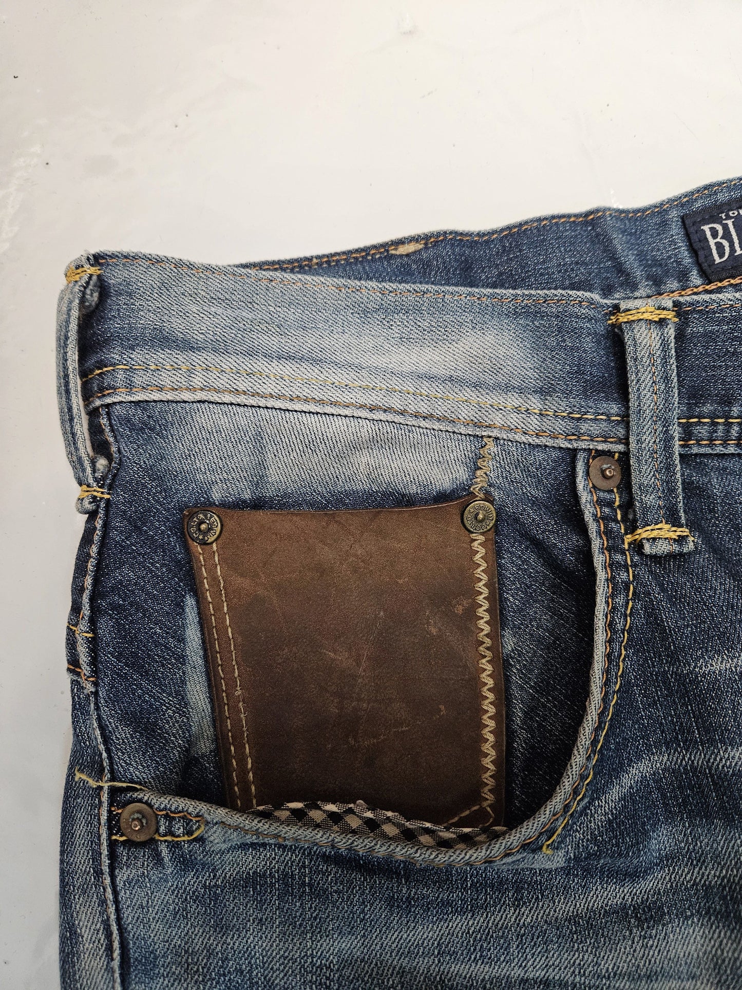 Edwin blue trip distressed washed bootcut denim