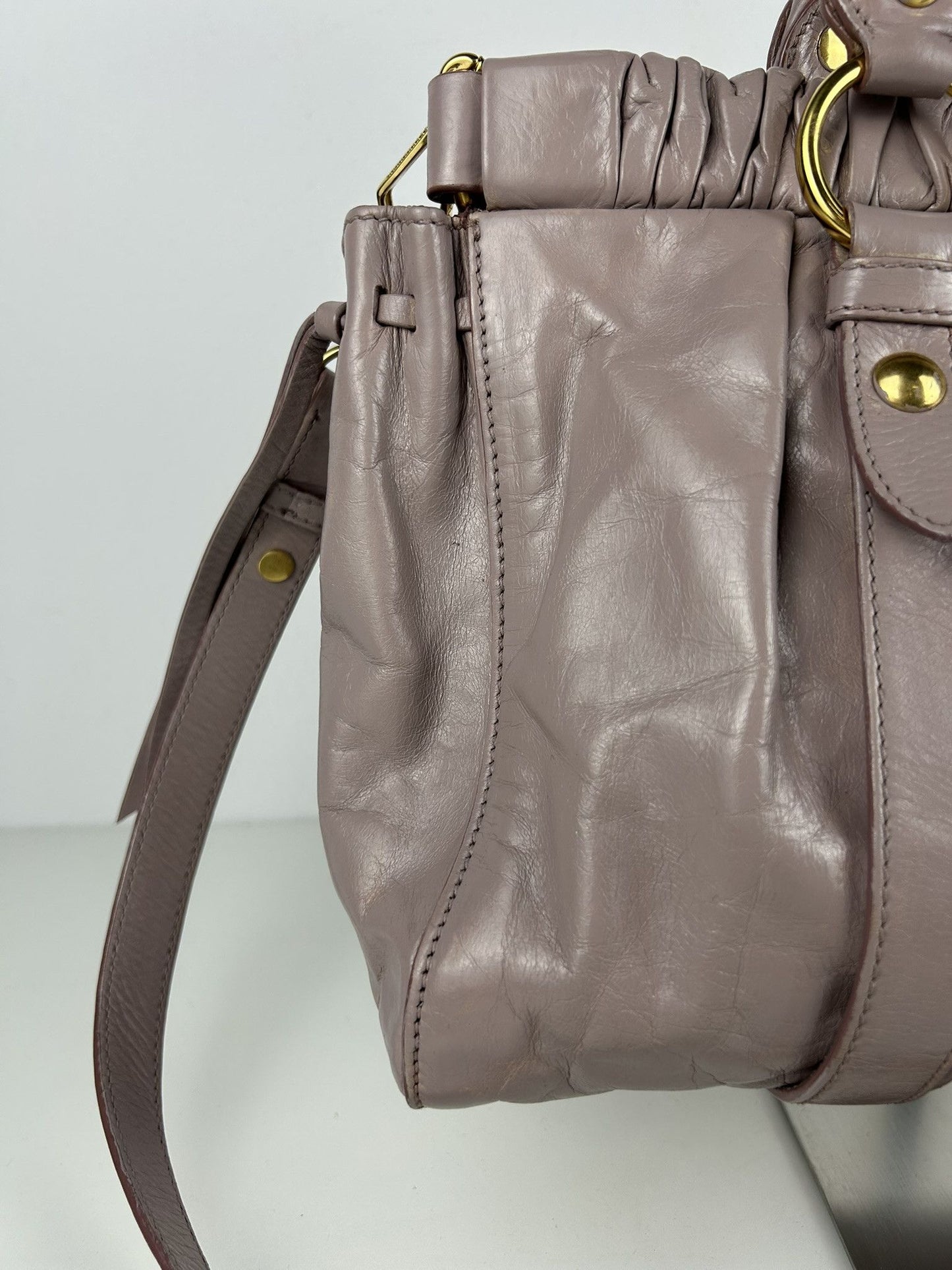 Miu miu vitello bauletto aperto gathered leather handbag