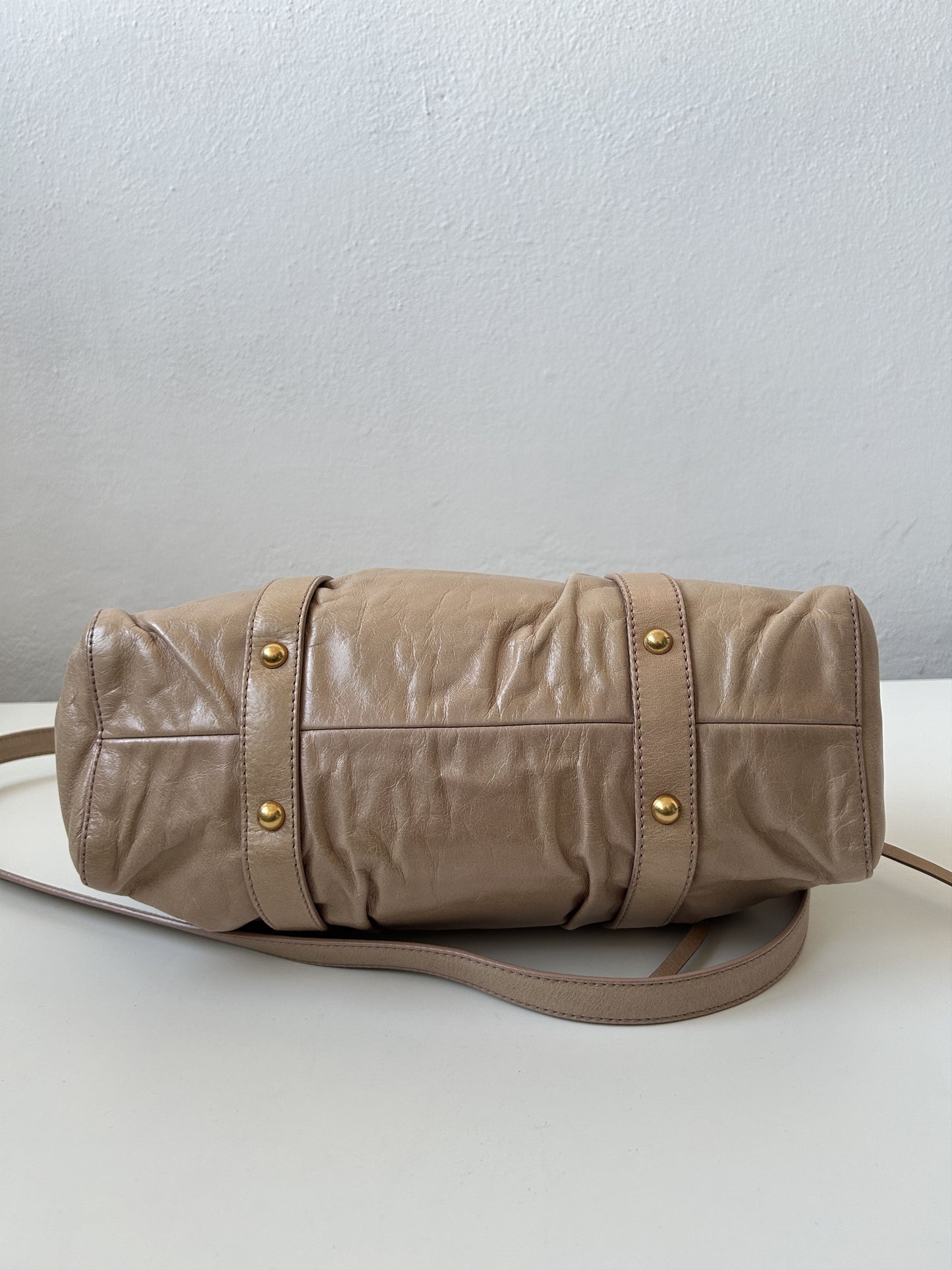 Miu miu vitello bauletto aperto gathered leather handbag