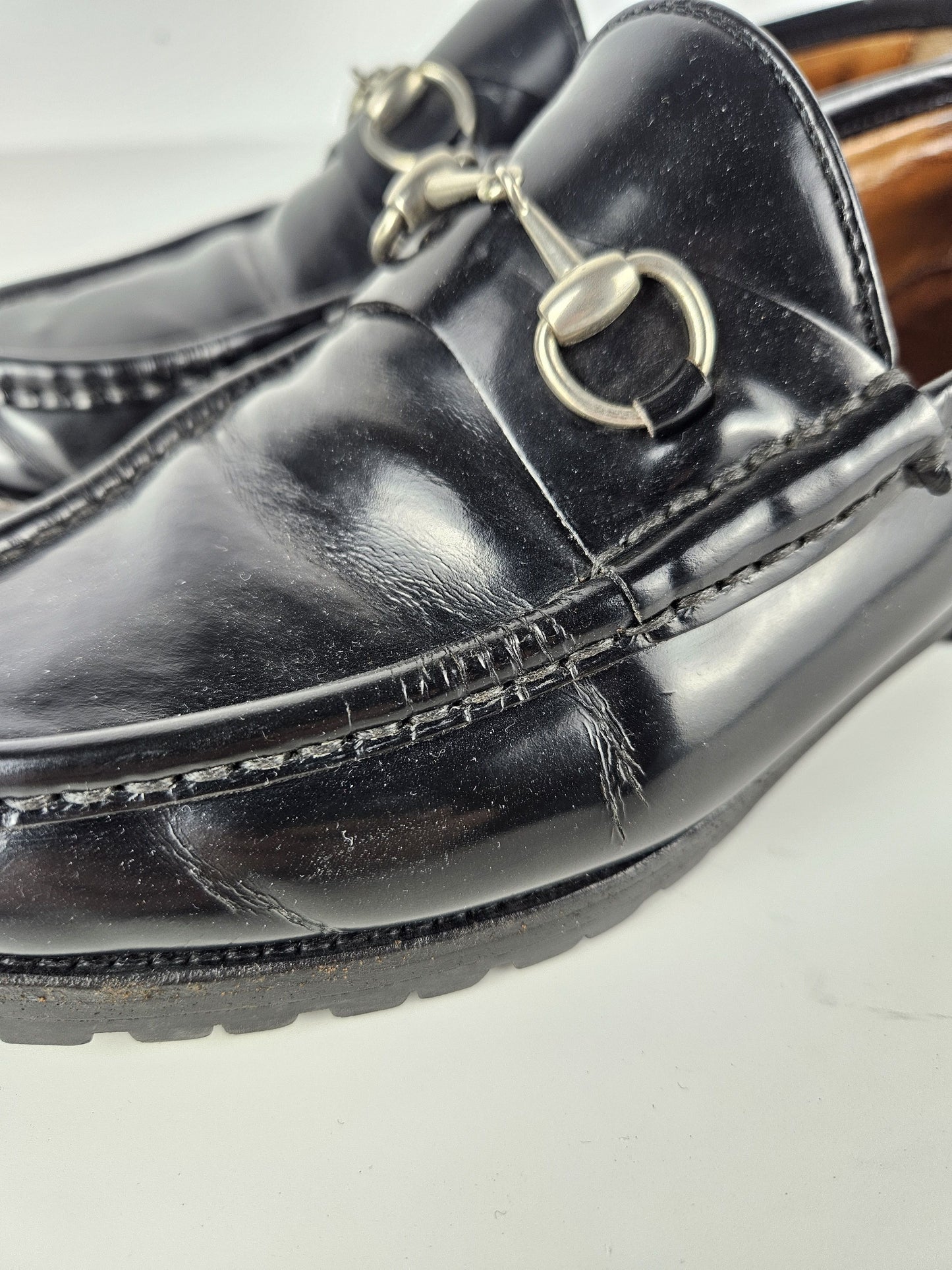 Vintage Gucci notched sole patent leather horsebit loafers