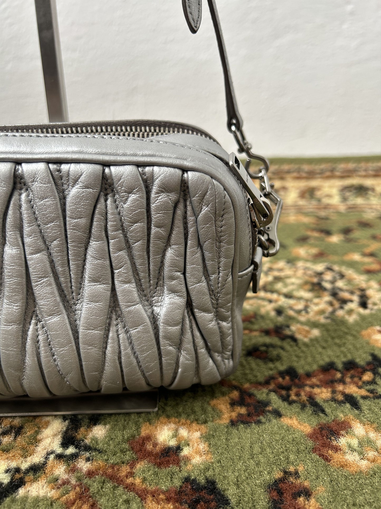 Miu miu matelasse pleated leather silver small crossbody bag