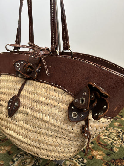 Vintage 90s archive miu miu raffia and leather tote bag