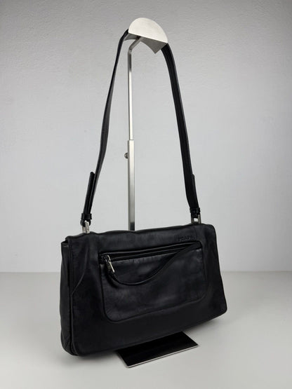 Vintage Prada embossed logo leather shoulder bag
