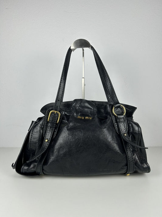 Miu miu black leather ribbon tote bag