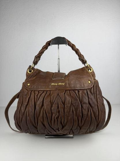 Miu Miu matelasse pleated leather coffer bag in brown