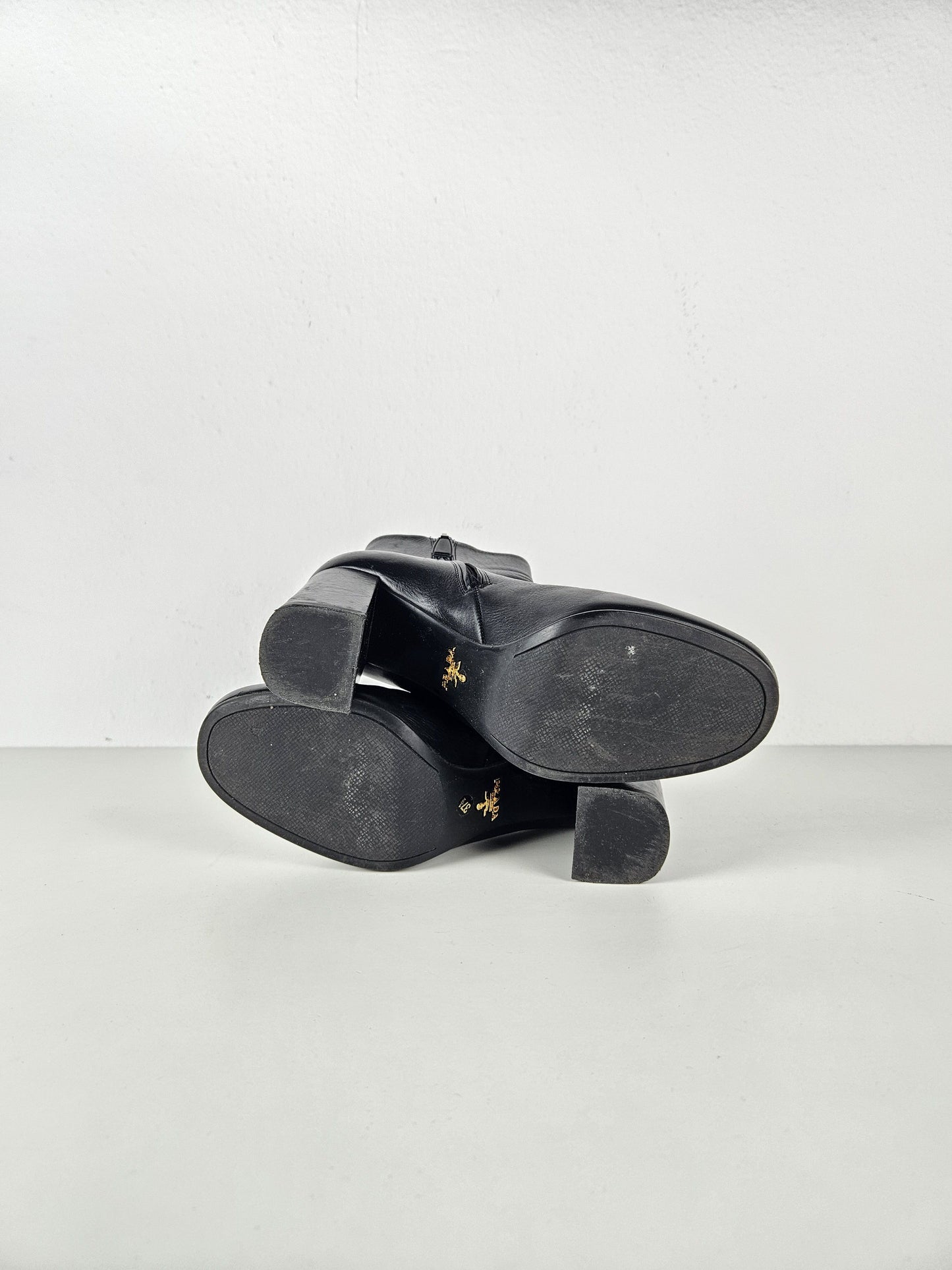 Prada calf leather side zip block heel ankle boots
