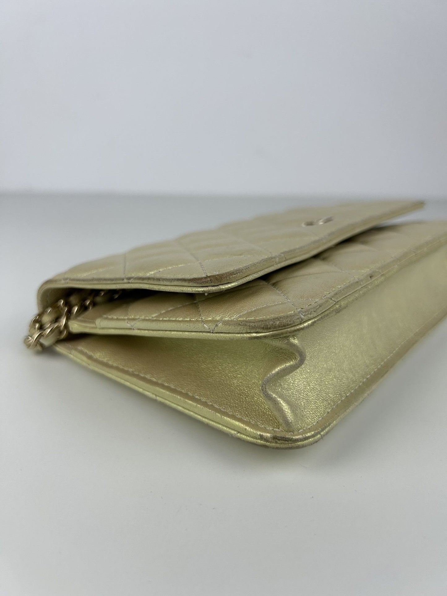2020 Chanel gold metallic matelasse wallet on chain