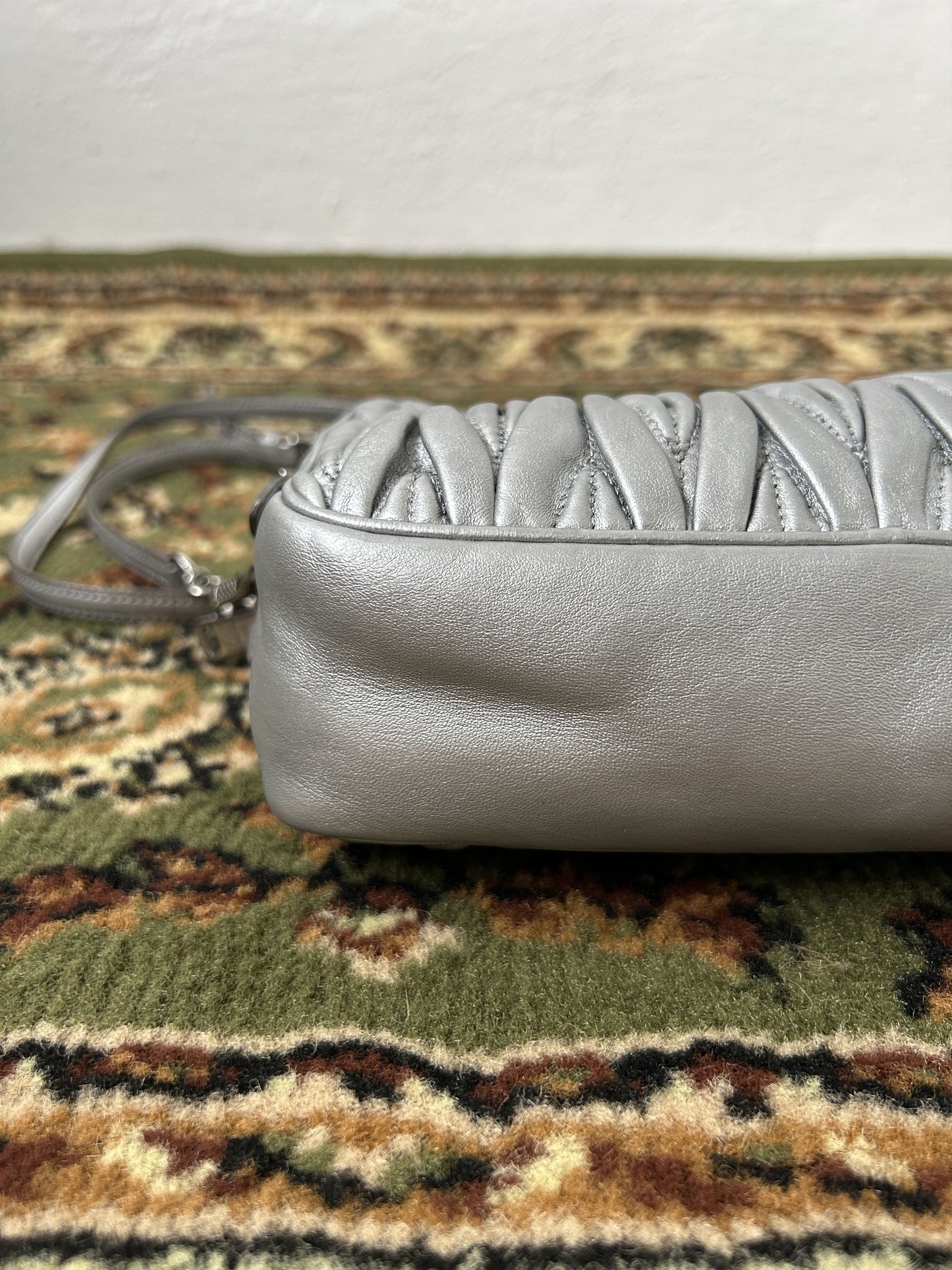 Miu miu matelasse pleated leather silver small crossbody bag