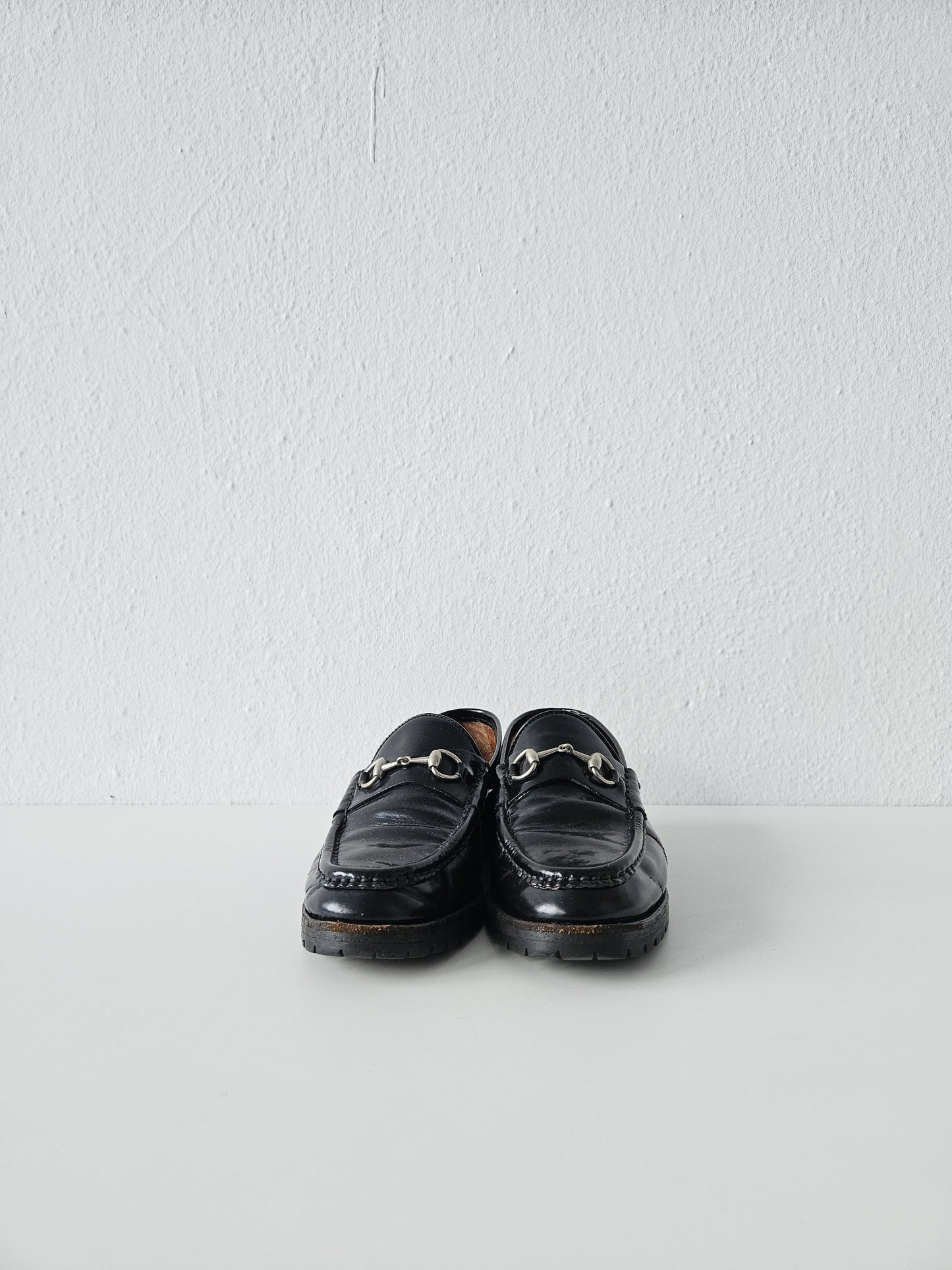 Vintage Gucci notched sole patent leather horsebit loafers
