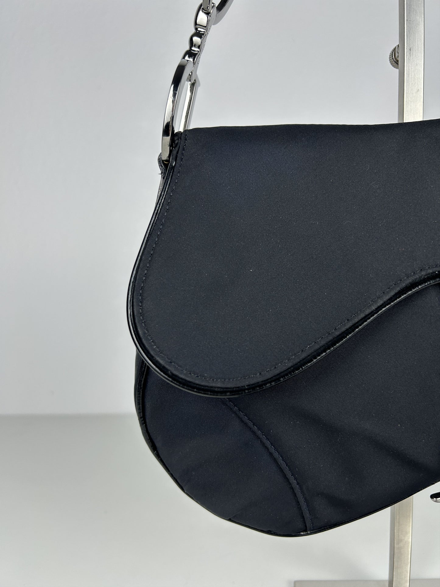 2001 Dior black satin and patent leather saddle bag