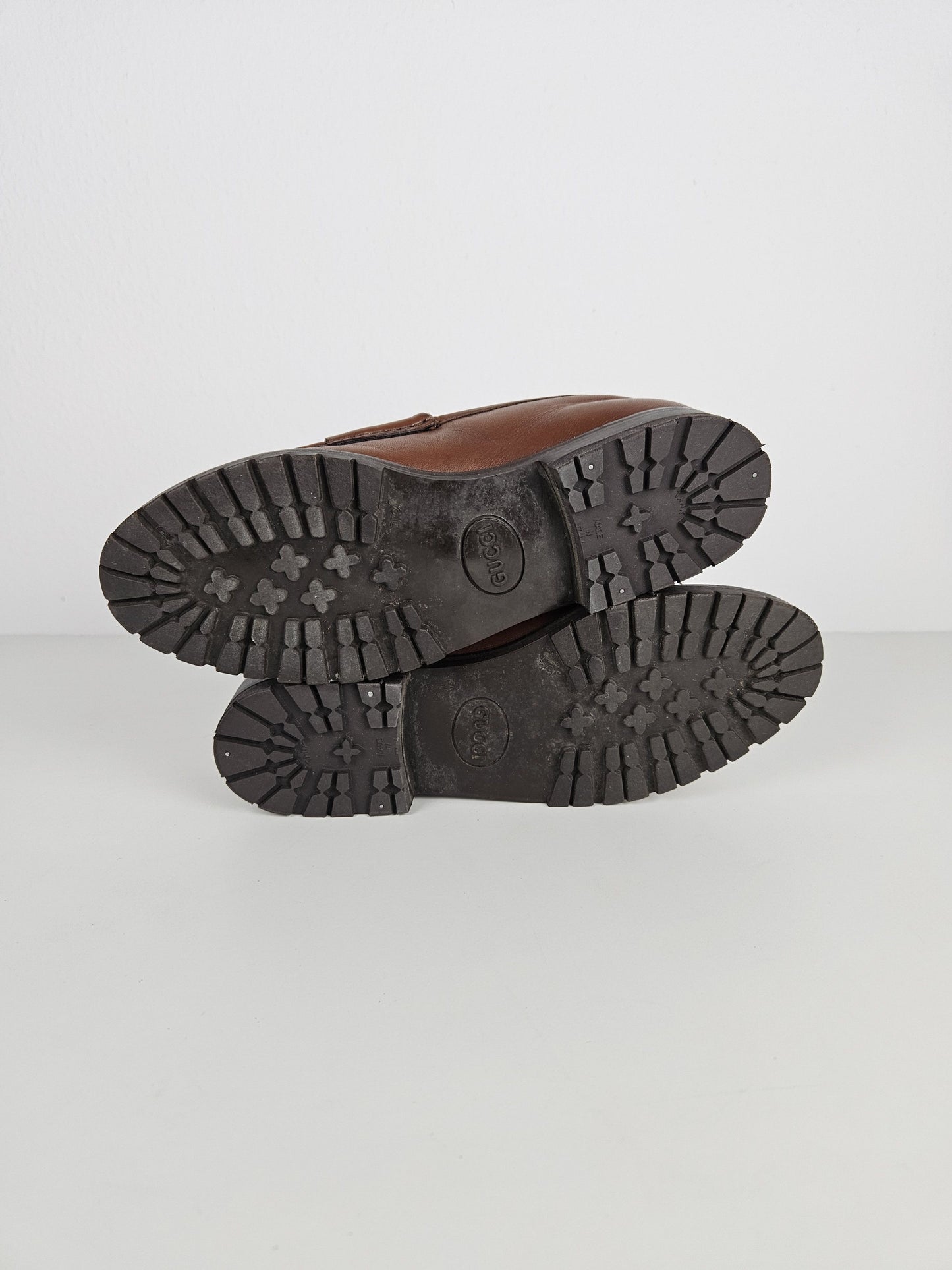 Vintage Gucci leather horsebit loafers with notched thick sole