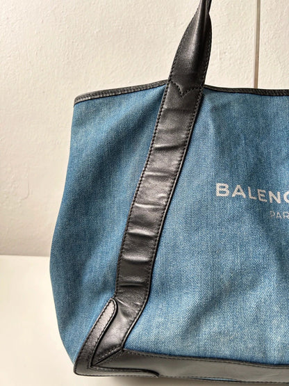 Balenciaga denim leather navy cabas m tote bag with pouch