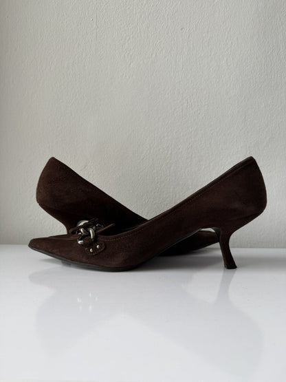 Vintage Prada suede pointed toe chain detail kitten heels