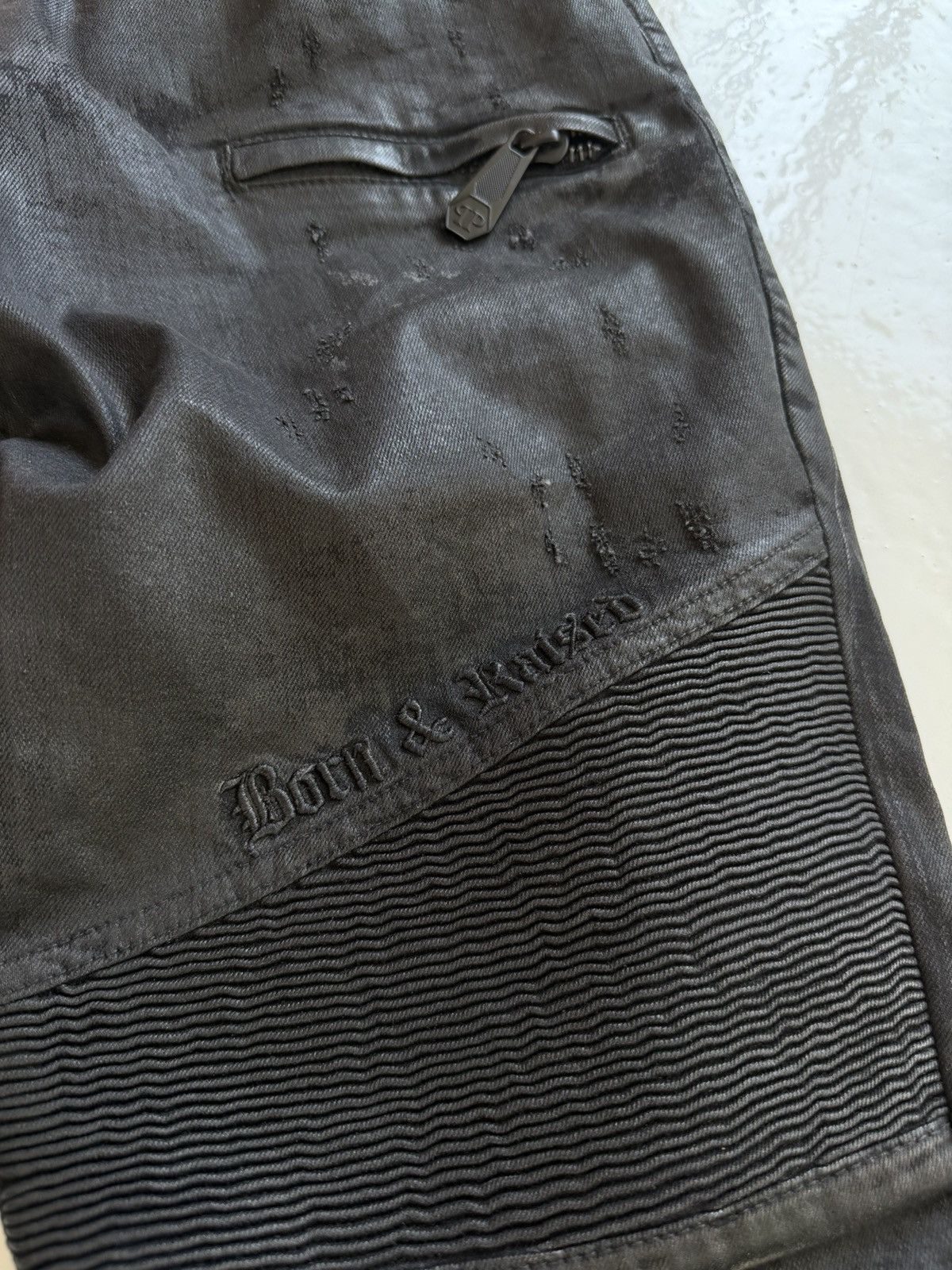 Philipp Plein born&raised distressed waxed biker denim
