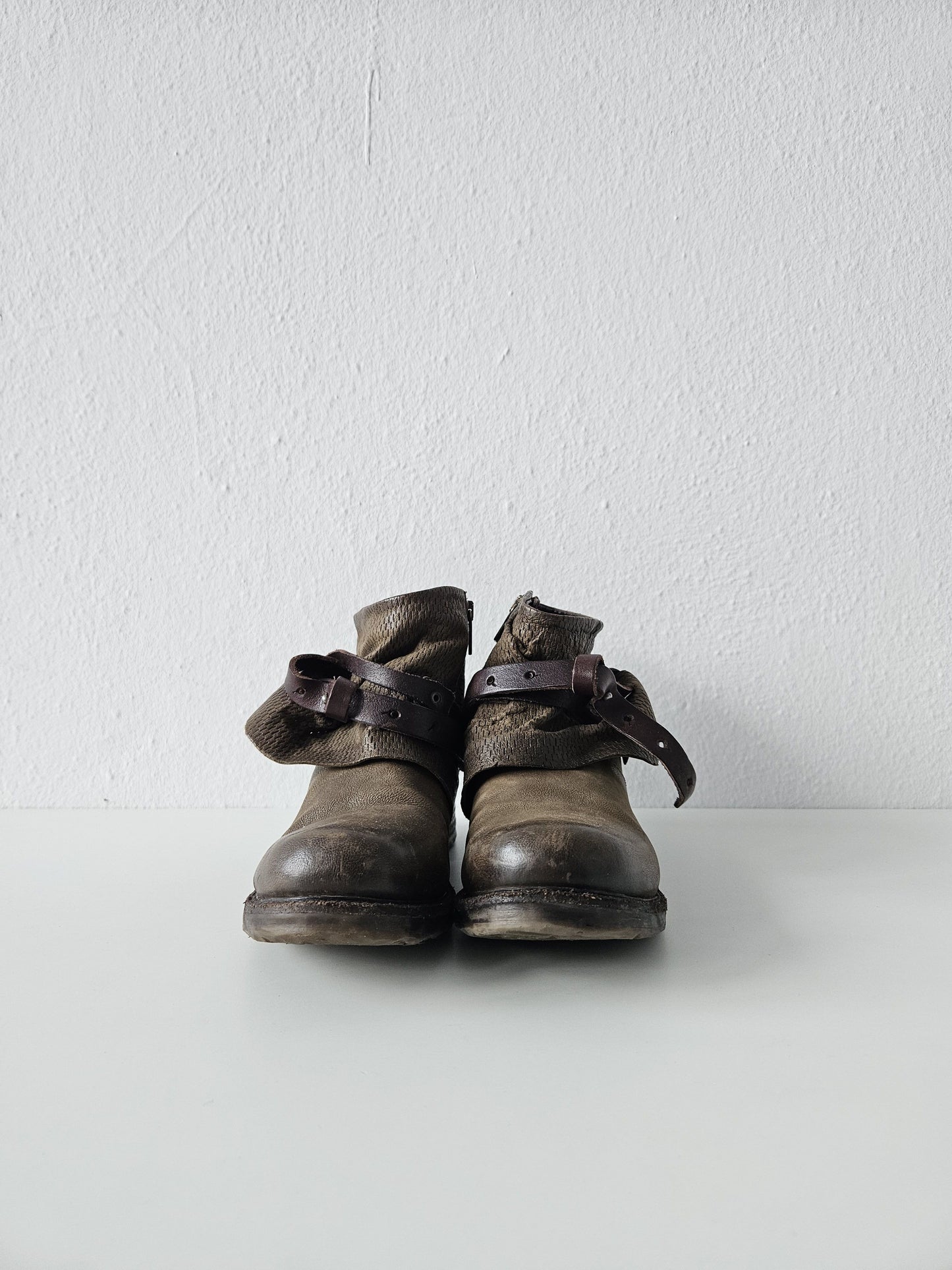 Archive AS98 olive leather bondage side zip ankle boots