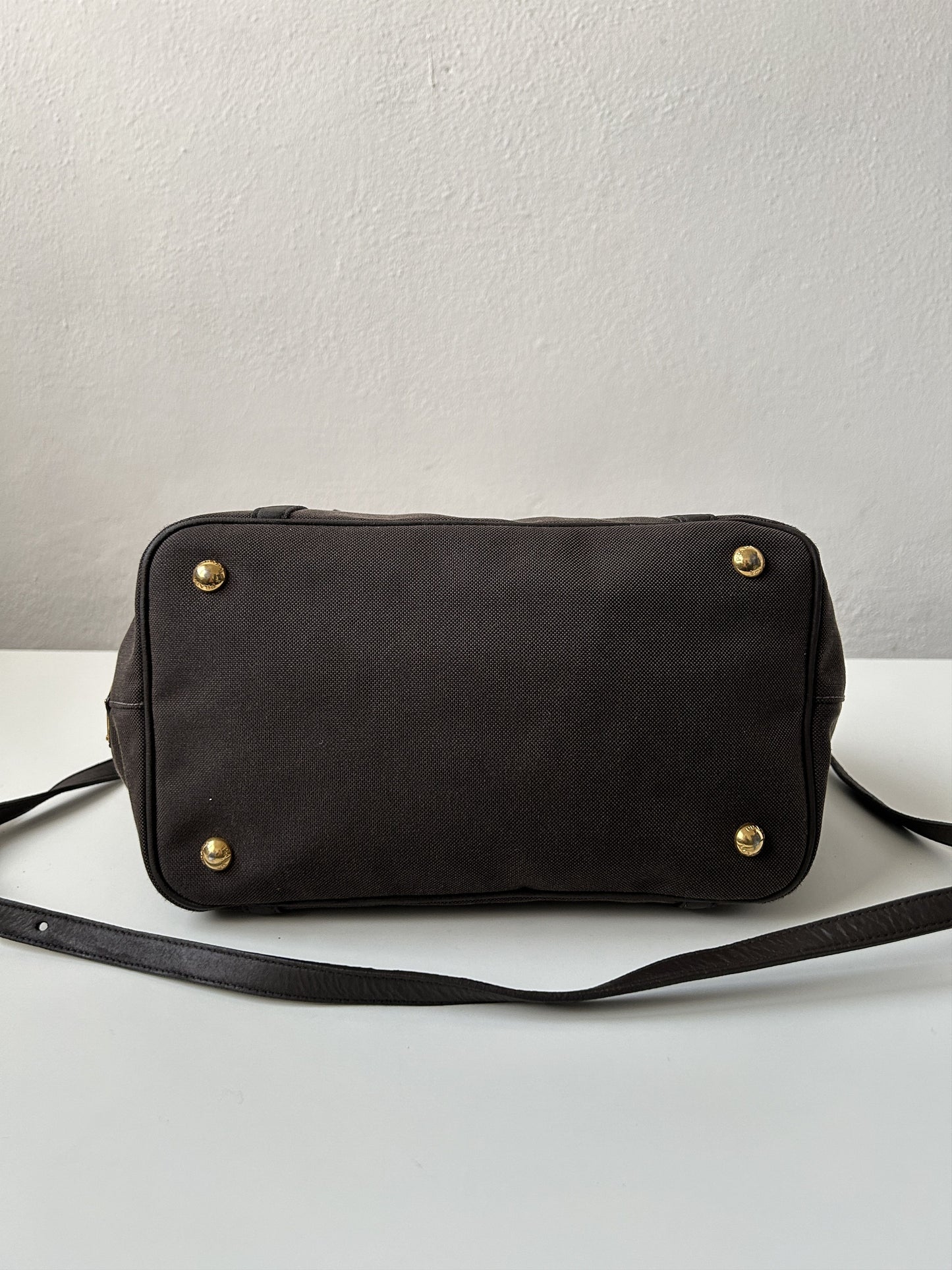 Prada canvas and leather triangle logo tote bag