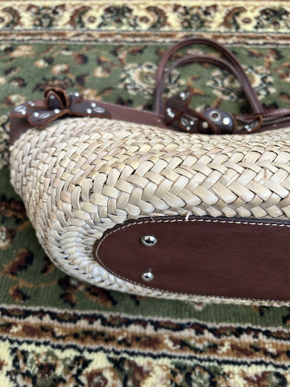 Vintage 90s archive miu miu raffia and leather tote bag