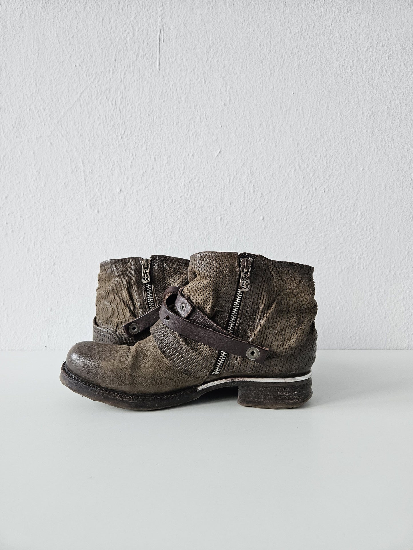Archive AS98 olive leather bondage side zip ankle boots