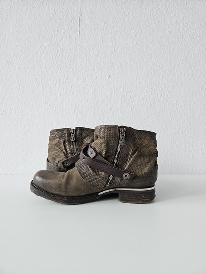 Archive AS98 olive leather bondage side zip ankle boots