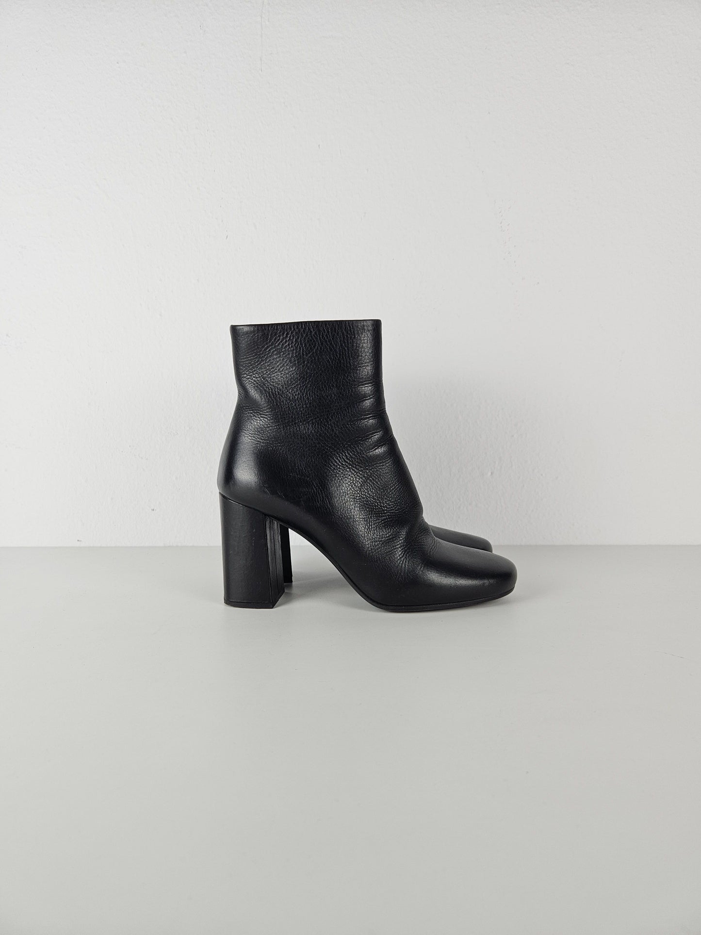 Prada calf leather side zip block heel ankle boots