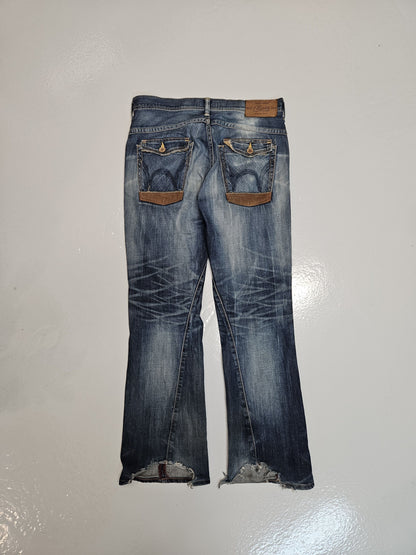 Edwin blue trip distressed washed bootcut denim