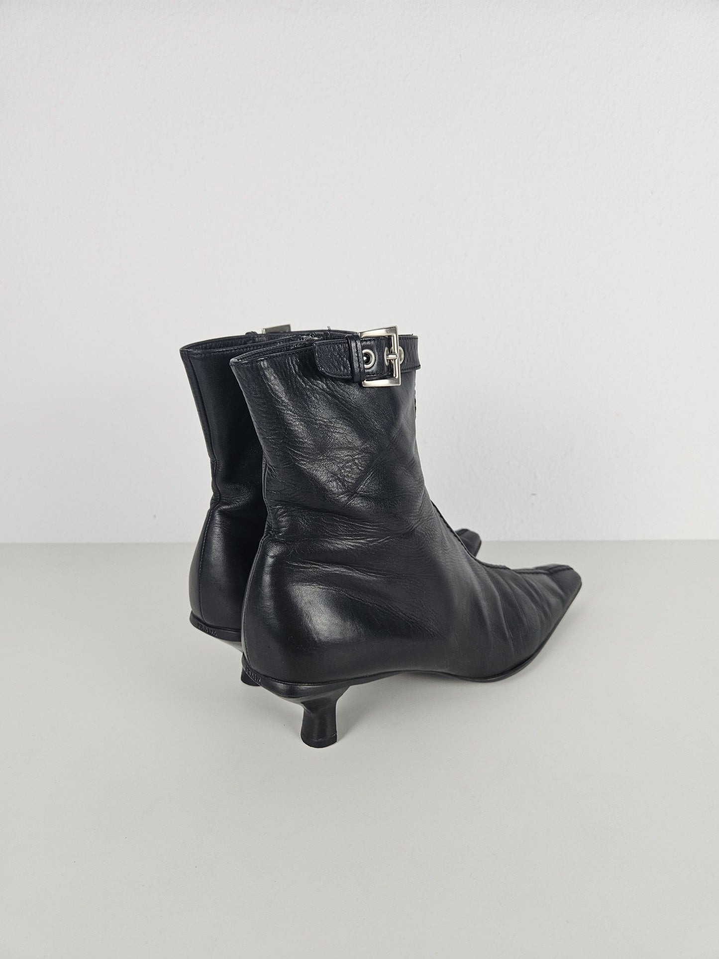 Archive Prada lamb leather kitten heel buckled ankle boots