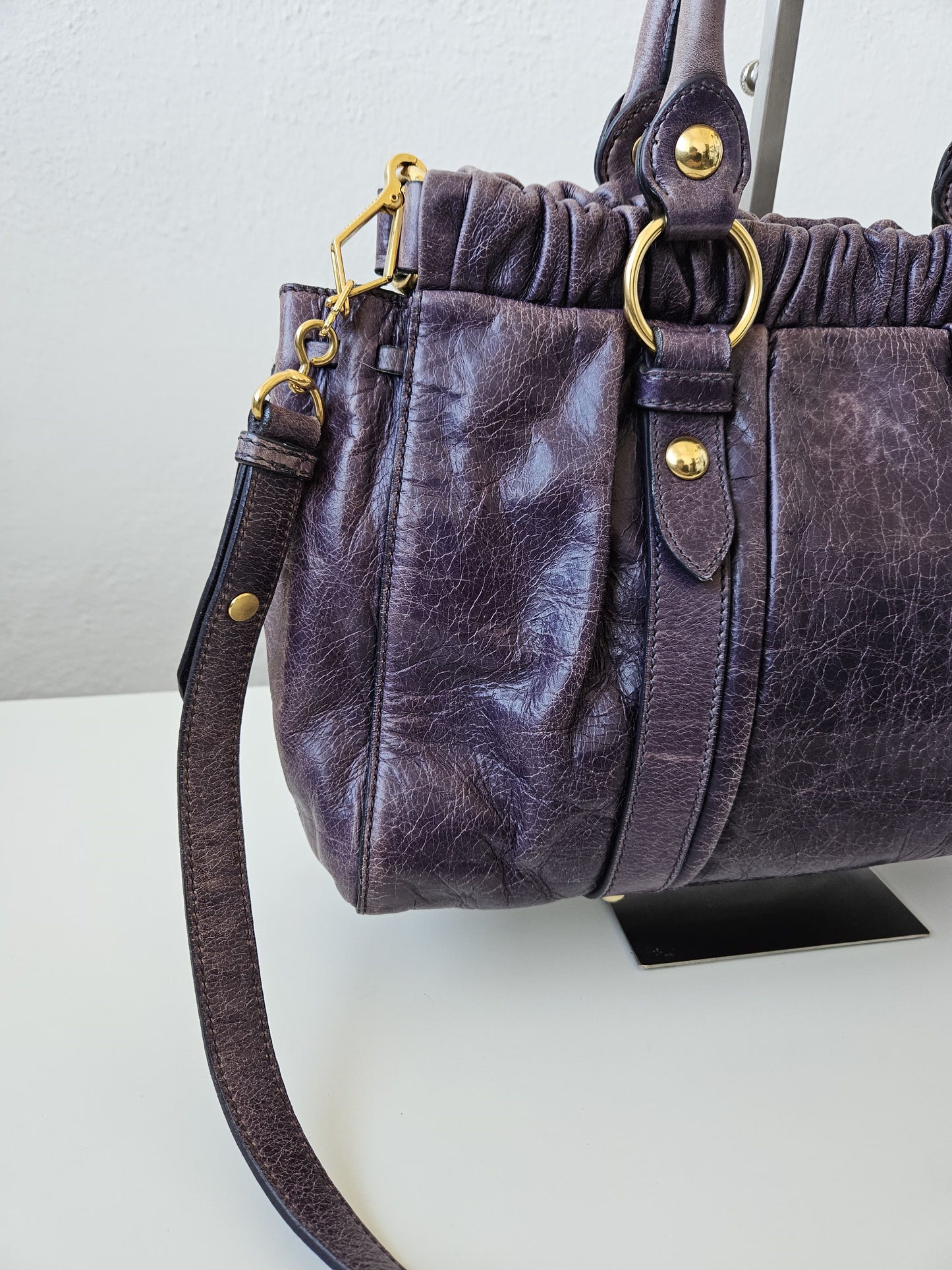 Miu miu vitello bauletto aperto gathered leather handbag