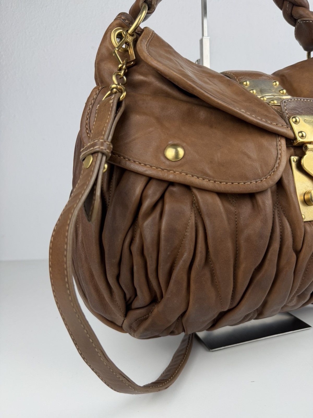Miu Miu matelasse pleated leather coffer bag in brown