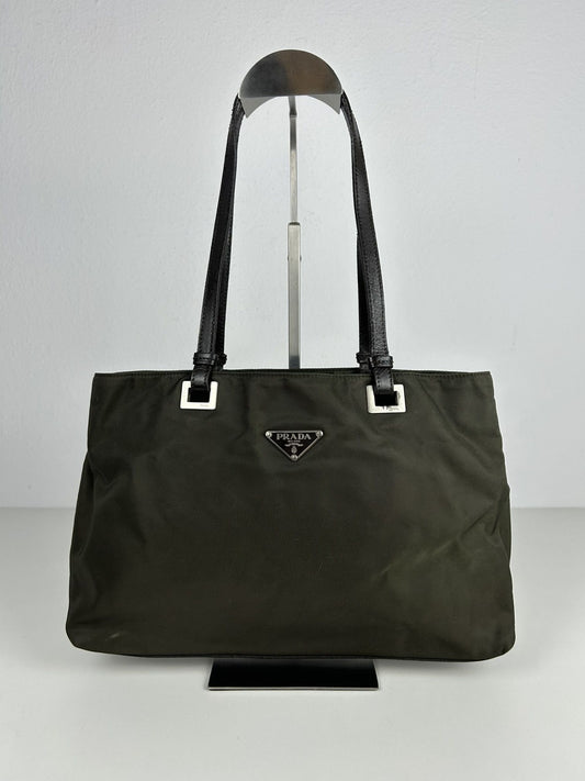 Vintage y2k prada nylon and leather triangle logo tote bag