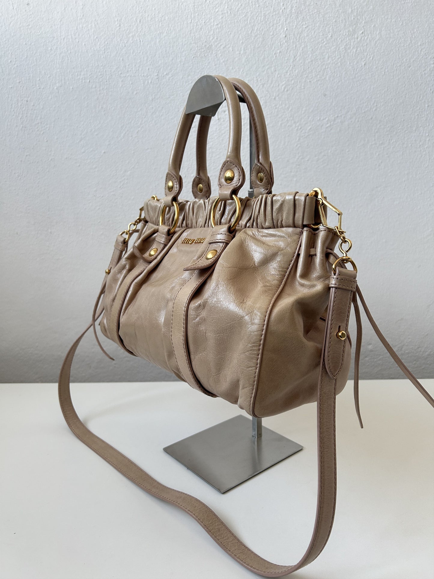 Miu miu vitello bauletto aperto gathered leather handbag