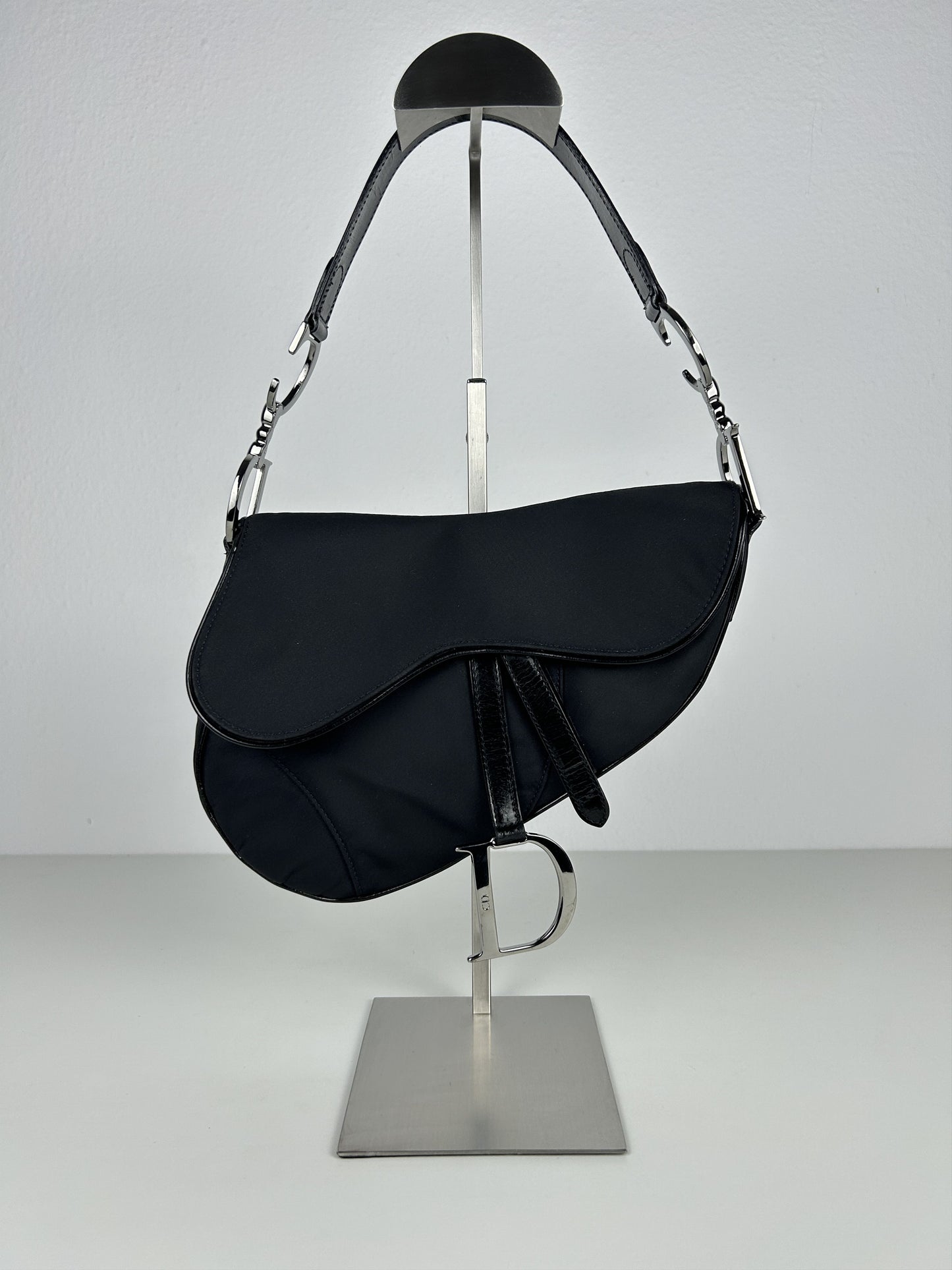 2001 Dior black satin and patent leather saddle bag